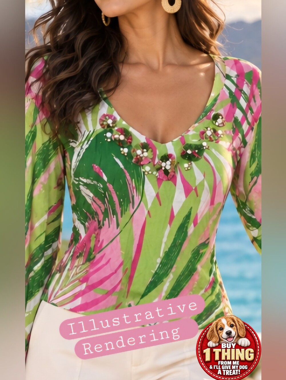 Embellished Boutique V-Neck Long Sleeve Tropical Print Top - Pink & Green